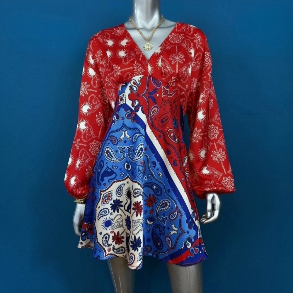 🆕NEVER FULLY DRESSED Balloon Sleeve Bandana Print Paisley Satin Mini Dress /NWT